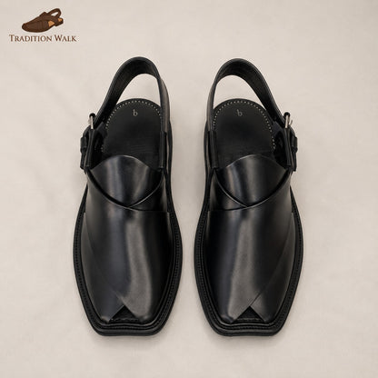 Black Gol T Charsadda Chappal – Premium Traditional Peshawari Footwear