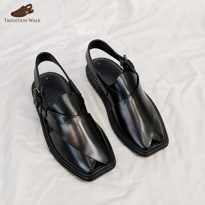 Black Gol T Charsadda Chappal – Premium Traditional Peshawari Footwear